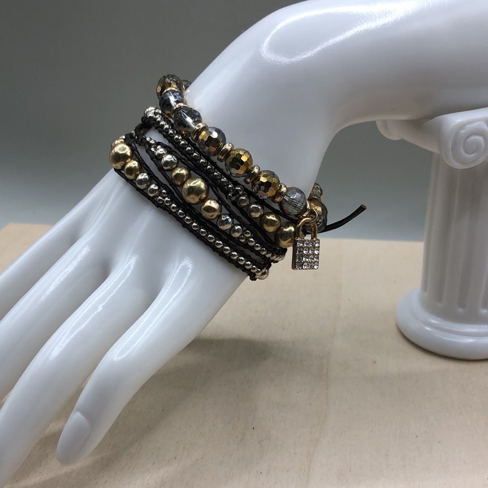 Lucky brand mixed metal leather cord long wrap bracelet + free charm bracelet